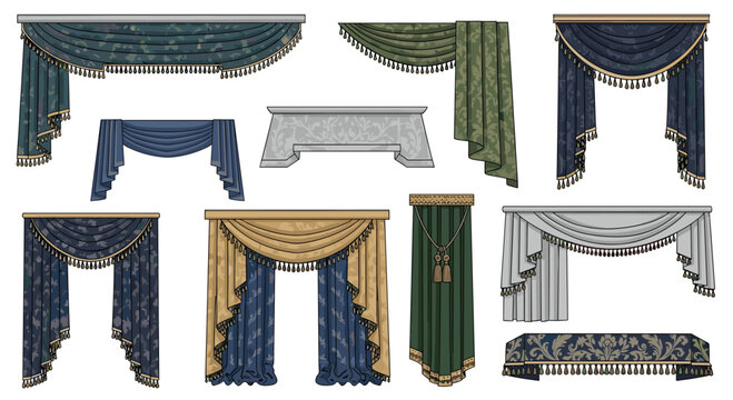 A series of elegant curtain pelmets and decorative window treatments showcasing sophisticated fabric folds, intricate fringe detailing, and a classic royal aesthetic.