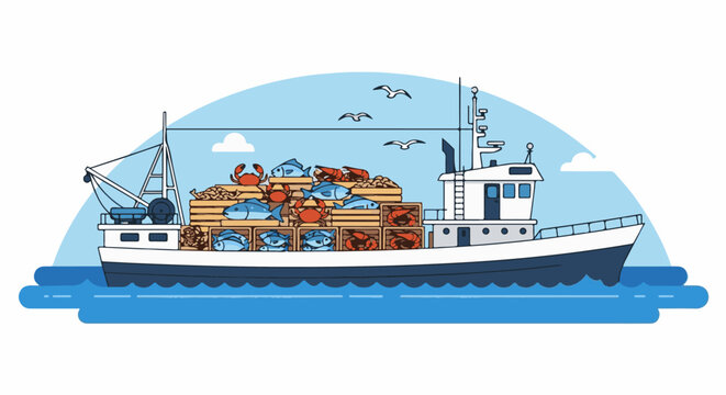 Fishing trawler loaded with fresh catch of fish and crabs at sea