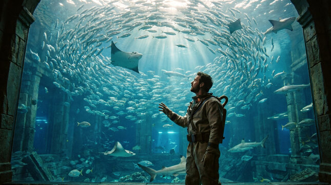Cinematic photo of a vintage scuba diver inside a giant aquarium watching a swirling fish school