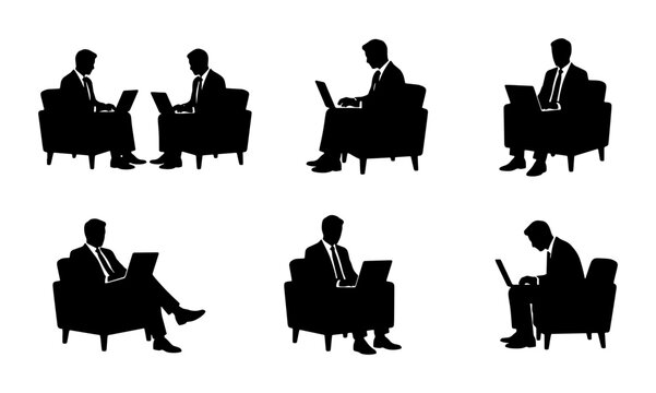 Business Professionals Silhouettes, Set of 6 Icons, Men Working on Laptops in Armchairs, Corporate Meeting and Remote Work Concepts, Black and White Vector Graphics