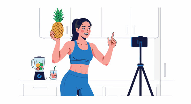 Fit woman making healthy smoothie video in kitchen with pineapple and blender