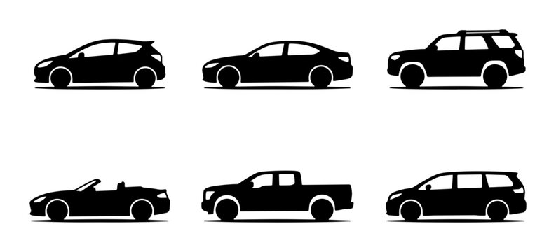 Diverse Car Silhouettes Collection: Hatchback, Sedan, SUV, Convertible, Pickup Truck, Wagon Icons for Automotive Graphics