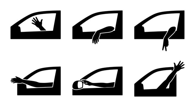 Car Window Hand Gestures Vector Icons Set, Human Arm Signals Collection, Automotive Communication Symbols, Driving Etiquette Icons