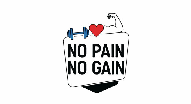 Fitness quote with barbell, heart, and flexing arm illustration