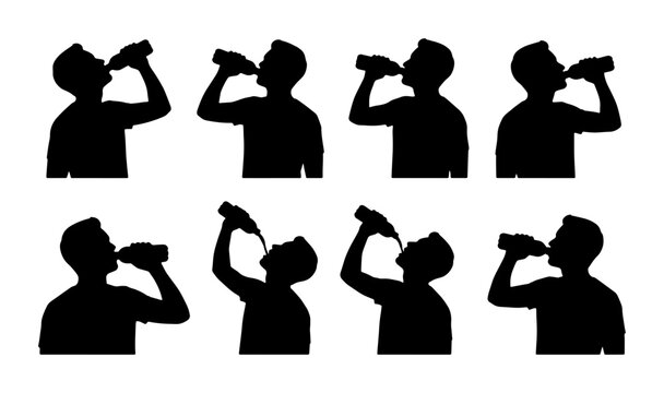 Silhouette Set: Man Drinking from Bottle, Eight Poses Vector Collection, Hydration and Refreshment Icons