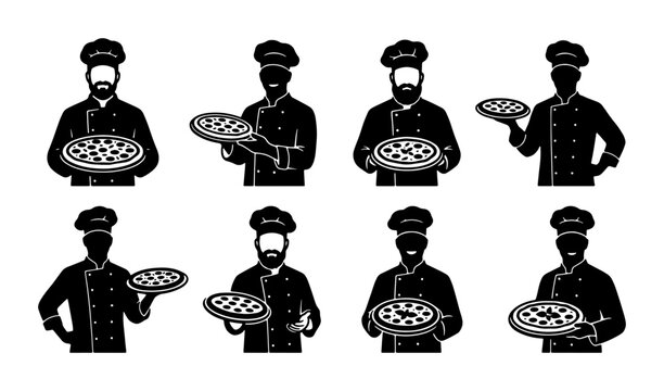 Chef Icon Set, Pizza Maker Silhouettes, Culinary Professional Vector Graphics, Food Service Characters