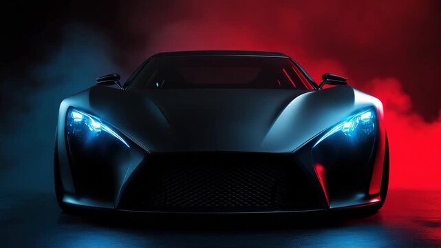 A high performance car is shown in a dark area. Bright blue and red lights highlight its features. The setting offers a dramatic look. This arrangement catches attention
