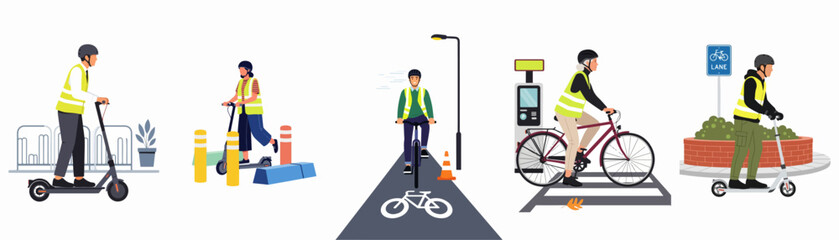 Illustrations of people safely using electric scooters and bicycles in urban settings, wearing helmets and high-visibility vests for sustainable and eco-friendly city commuting. © Kha