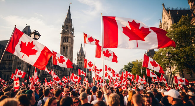 A vibrant canada day celebration unfolds in ottawa showcasing a sea of canadian flags and a joyful crowd gathered in front of parliament hill