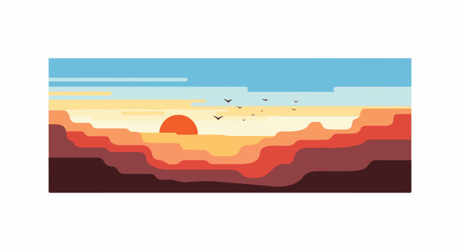 Flat vector graphic of a desert canyon at sunset with birds flying