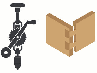 A hand-held drill precisely creates a dovetail joint in wood. Clean, modern illustration showcasing craftsmanship and detail. Perfect for woodworking tutorials. © Vector Factory