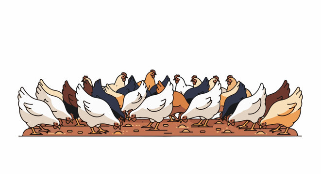 Flock of various colored chickens pecking for food in a line