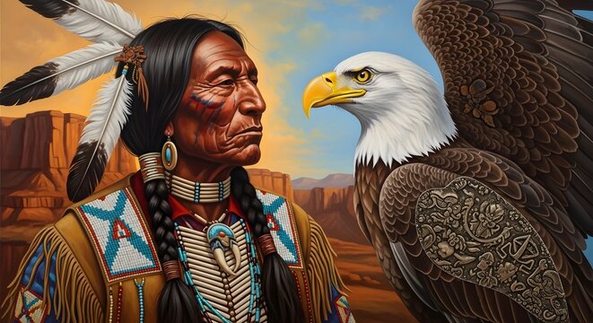 Native American man and eagle in a desert landscape, representing freedom and heritage