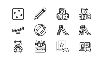 Fototapeta premium Kindergarten outline icon set playground puzzle pencil toy education vector isolated on white background