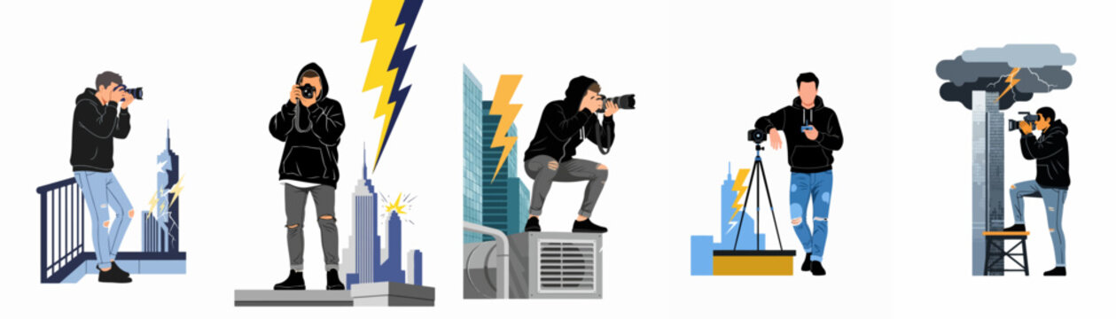 Set of flat vector illustrations featuring a professional male photographer capturing dramatic lightning strikes over a modern city skyline.