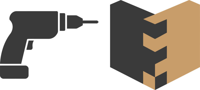 A modern logo featuring a drill icon intersecting with a stylized wooden joint. Clean, geometric design conveying precision and craftsmanship. Suitable for woodworking, construction, or tool brands.