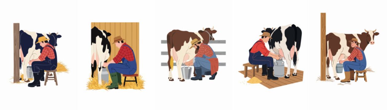 Set of illustrations featuring a male farmer manually milking cows into buckets and cans, depicting traditional dairy farming scenes in a rustic style.