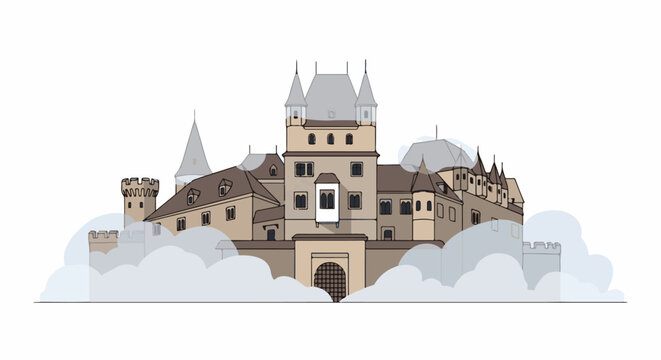 Fanciful castle with towers and battlements shrouded in mist