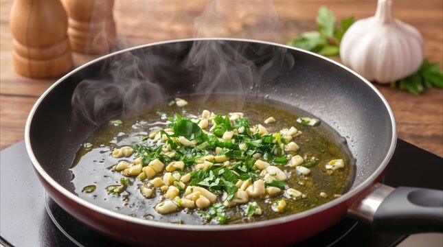 Minced garlic and parsley frying in hot oil inside a red pan. Saut&eacute;ing aromatic ingredients for a Mediterranean dish on an induction cooktop.