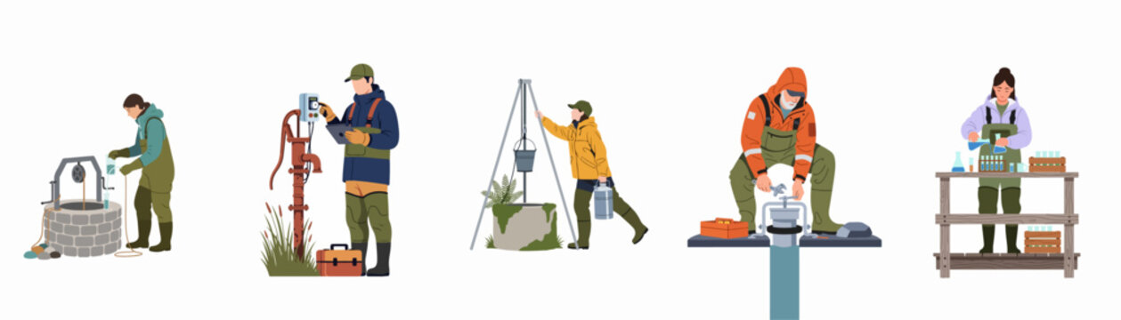 Illustration of professionals performing water well maintenance, quality testing, and sampling in various field settings on a white background.