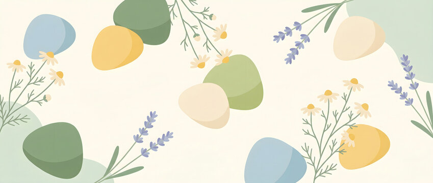 Illustrated background featuring colorful eggs with daisies and lavender in soft pastel tones