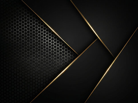 Abstract geometric background featuring dark metallic layers with glowing gold lines and a honeycomb pattern texture