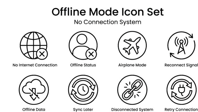Offline mode and connection status icon set with no internet, sync and reconnect symbols