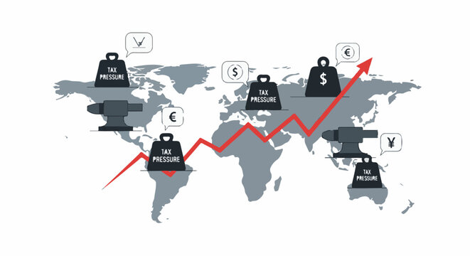 Global tax burdens visualized with weights and currency symbols on world map