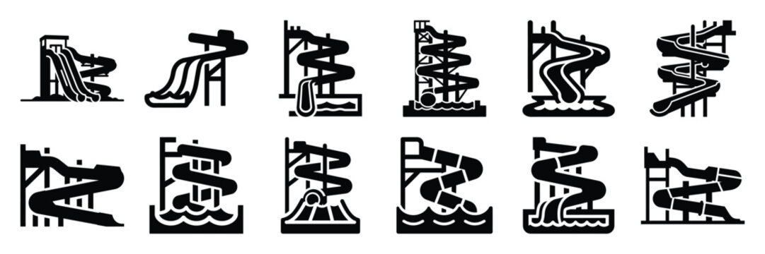 Summer beach icon set with water slide 12 black silhouette icons.