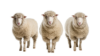 Isolated three domestic sheep standing together, fluffy farm animals with thick wool looking at camera © Oisin