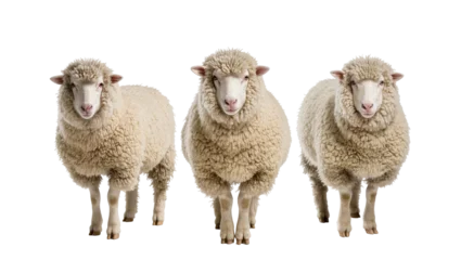 Fotobehang Schapen Isolated three domestic sheep standing together, fluffy farm animals with thick wool looking at camera  © Oisin