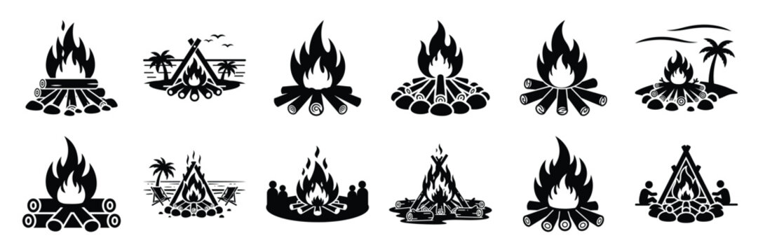 Summer beach icon set with beach bonfire 12 black silhouette icons.