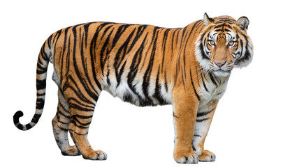 Obraz premium Isolated Bengal tiger standing, powerful majestic wild animal, full body shot of a striped predator