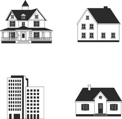 Minimal black and white house and building icon set with cottage, suburban home, mansion, city apartment tower isolated on light background for real estate design © MdAbdur