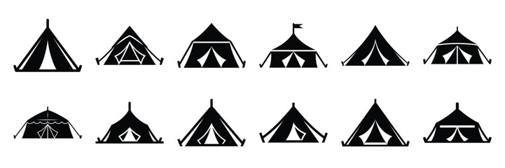 Summer beach icon set with beach tent 12 black silhouette icons. © KartikChandro