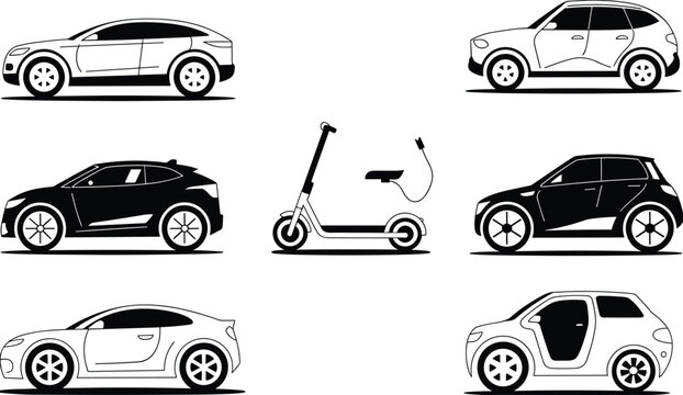 Modern car and electric scooter silhouette icon set featuring sedan, SUV, compact vehicle and e-scooter isolated on white background for transportation and mobility design