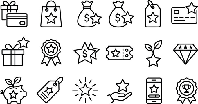 Reward and loyalty line icon set with cashback discounts coupons and customer bonus symbols collection