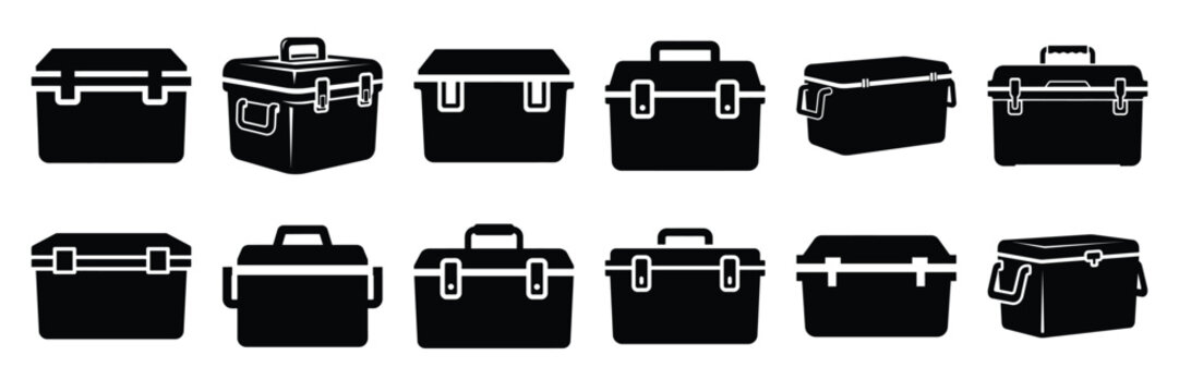 Summer beach icon set with cooler box 12 black silhouette icons.
