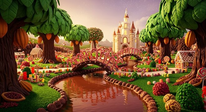 A fantastical candy land landscape with a chocolate river, gingerbread houses, and a castle, evoking a whimsical and sweet childhood dream