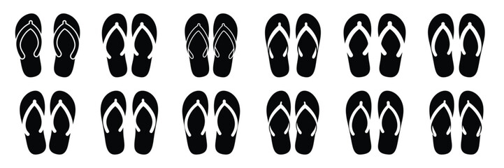 Summer beach icon set with flip flops 12 black silhouette icons. © KartikChandro