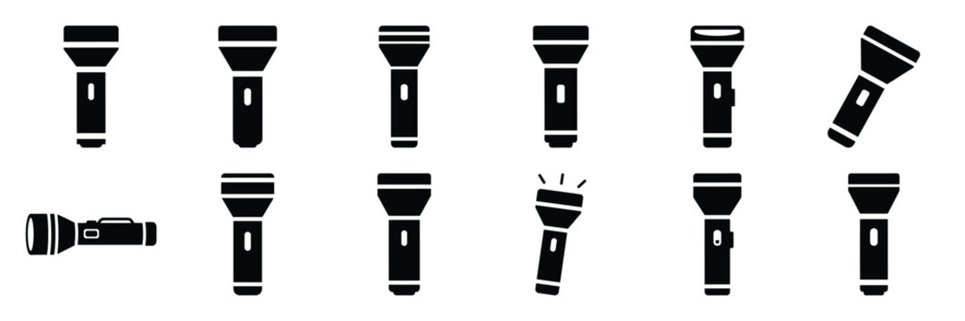Summer beach icon set with flashlight 12 black silhouette icons.