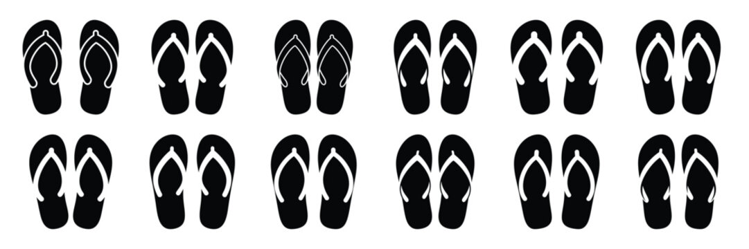 Summer beach icon set with flip flops 12 black silhouette icons.