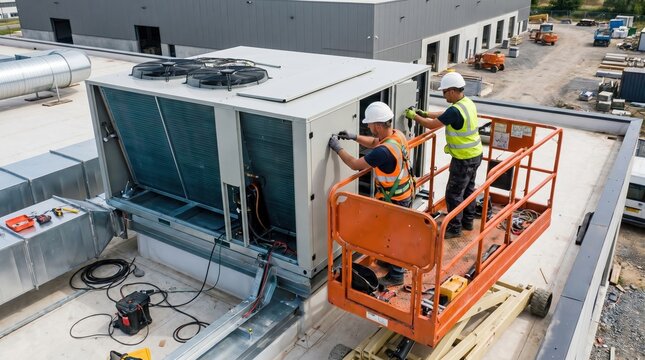 Scissor lift mechanical rooftop repair by hvac technicians on building