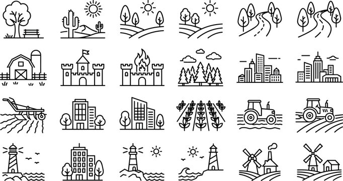 Rural landscape and agriculture line icon set with farm nature countryside and eco environment illustrations collection