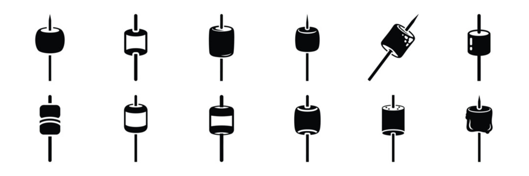Summer beach icon set with marshmallow stick 12 black silhouette icons.