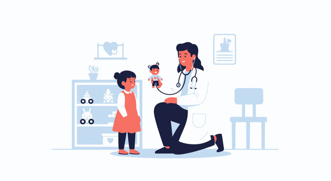 Pediatrician examining a child with a toy doll in a clinic, healthcare concept