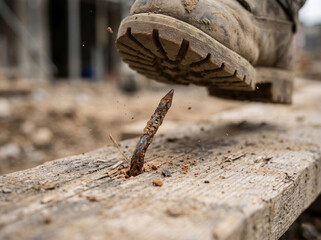 Obraz premium Rusty Nail Hazard Near Worker Safety Boot Showing Workplace Accident and Injury Risk