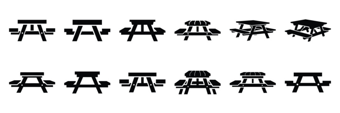 Summer beach icon set with picnic table 12 black silhouette icons.