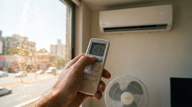 Hand holding a remote control for an air conditioner with a city view window