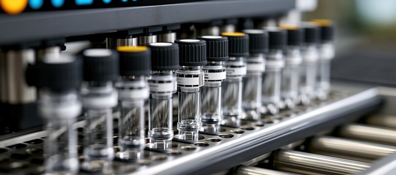 Blank sample tubes moving through automated laboratory conveyor system